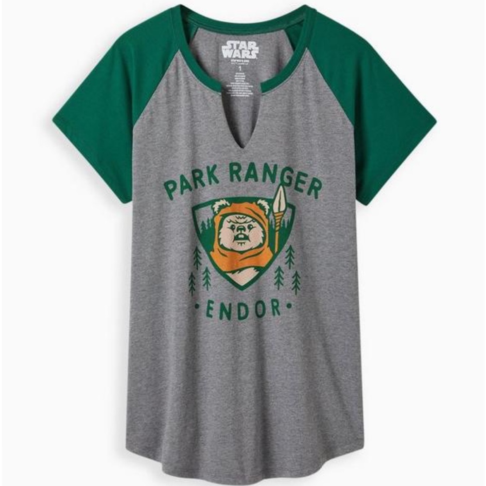 Star Wars Ewok “Park Ranger Endor” Split-Neck Raglan Cotton Short-Sleeve Tee